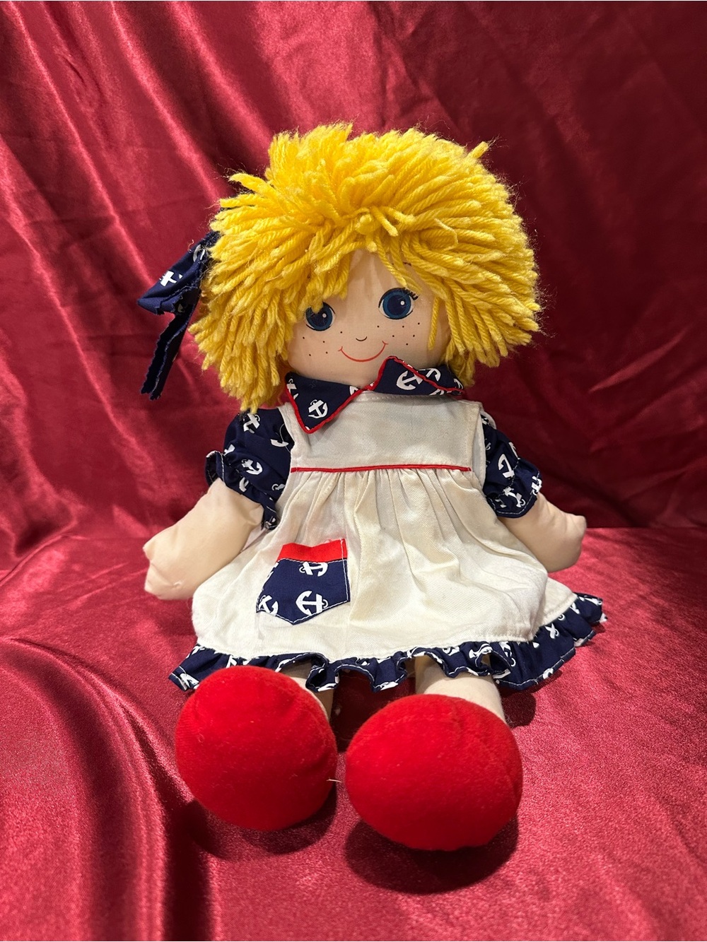Vintage GUND Sailor Cloth Doll 15" Blonde Yarn Hair Nautical Anchor Dress